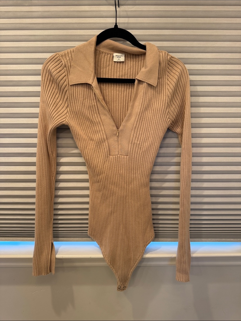 Abercrombie & Fitch Ribbed Long-Sleeve Polo Bodysuit in Camel/Tan
